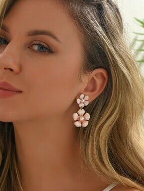 NEW! Pink Floral & Pearl Drop Post Earrings with Gold Accents - Women Jewelry